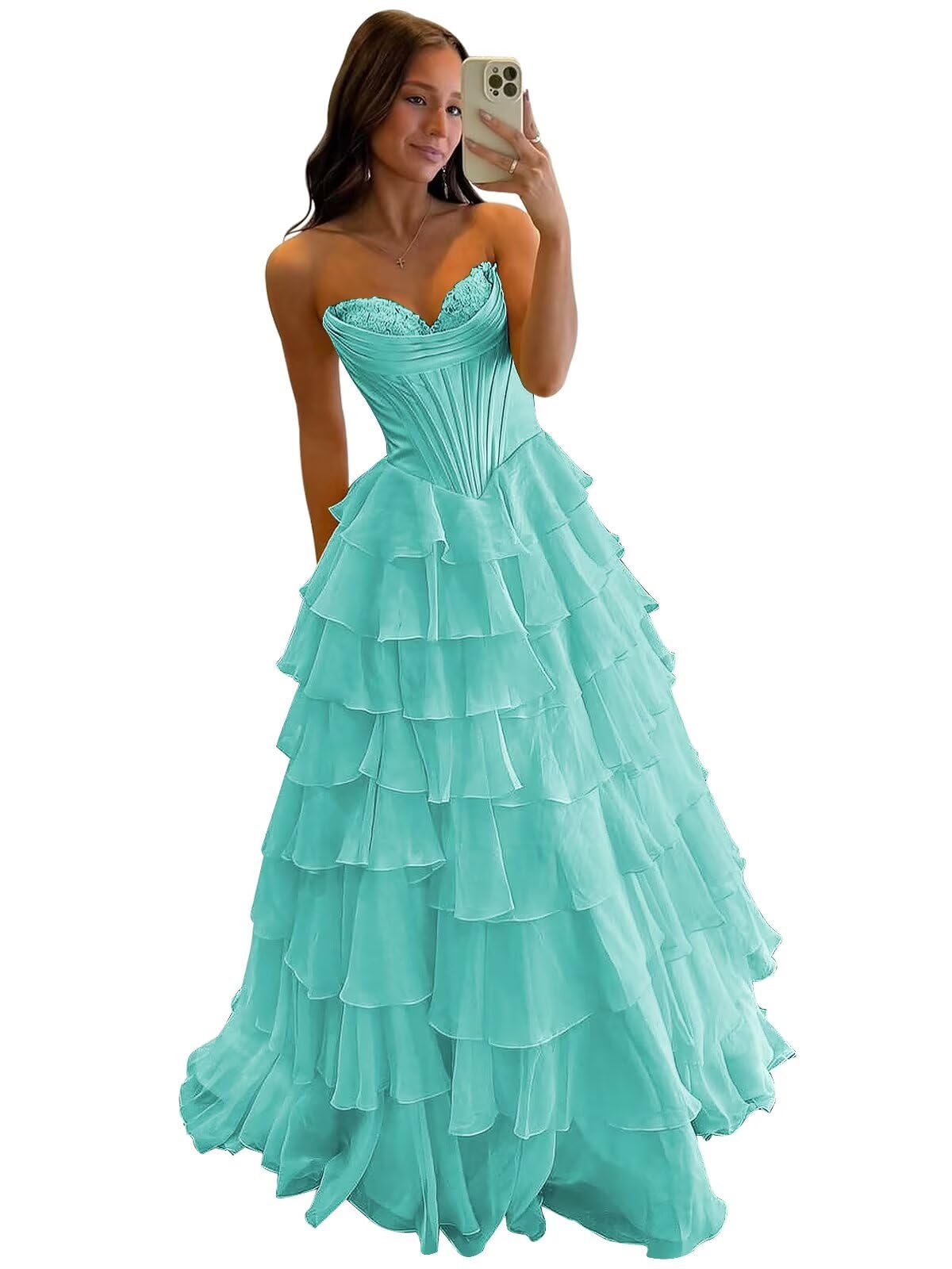 Strapless Corset Prom Dresses for Women 2025 Long Tiered Ruffle Chiffon Formal Evening Gowns with Slit