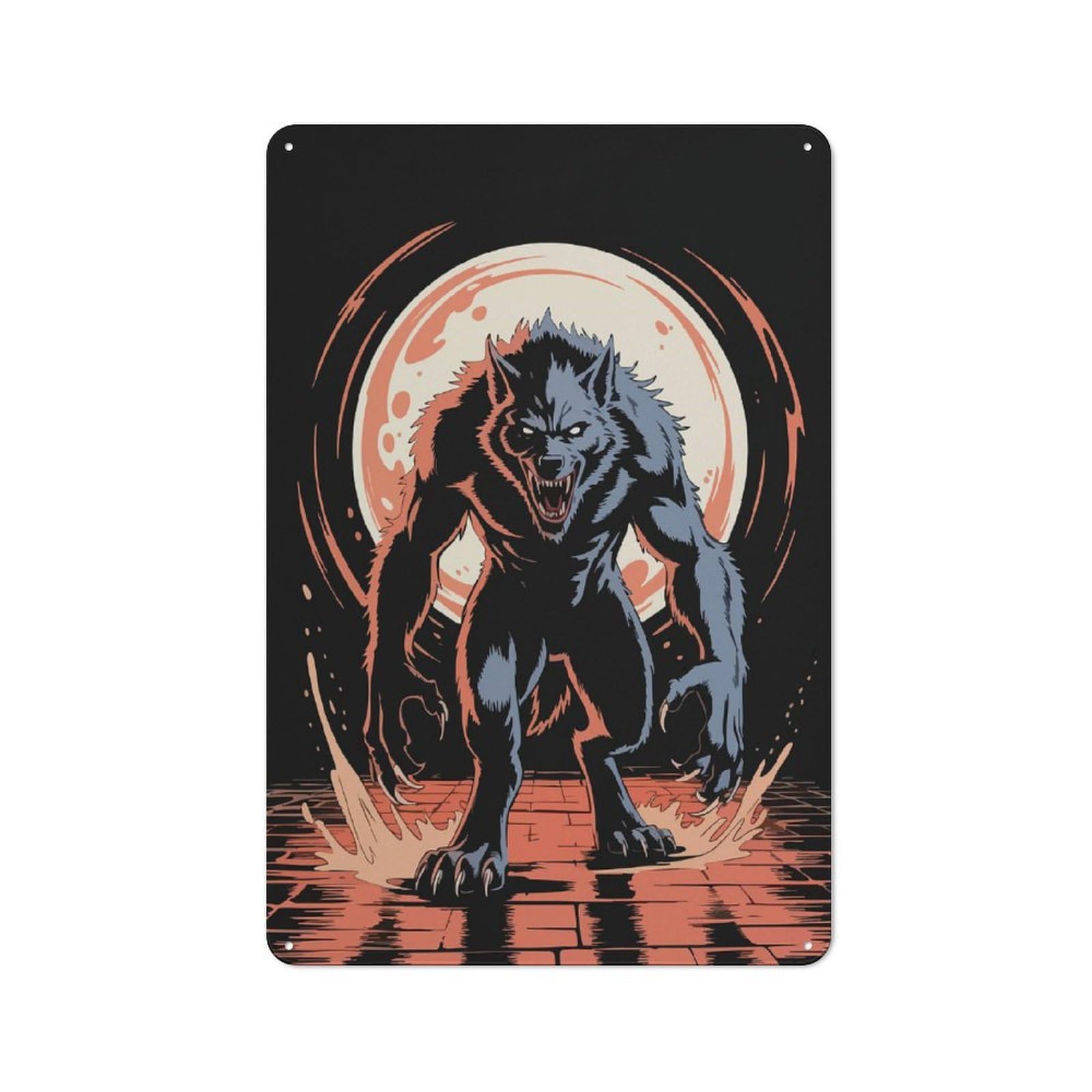 Junmoney Style-18 Vintage Metal Plaque 30X20cm Featuring Werewolf Illustration With Full Moon Backdrop For Home Bar Wall, A Metal Wall Feature For Home Bars And Entertaining Spaces