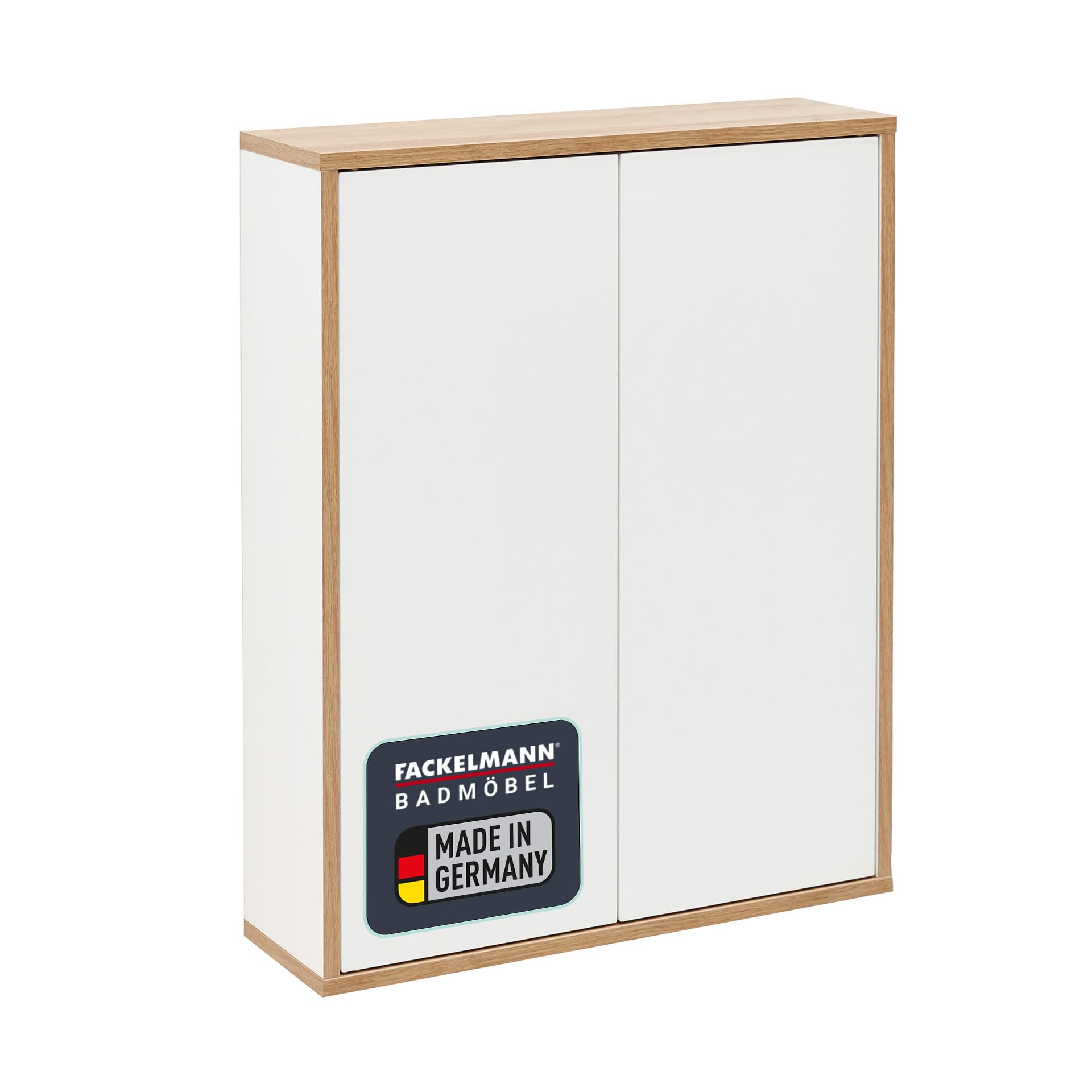 FACKELMANN Finn Hängeschrank Weiß im Retrostil, 60 cm breit, mit Push-to-Open Technik und Rahmendekor in Eichen-Optik, ideal für kleine Bäder und Gäste WCs