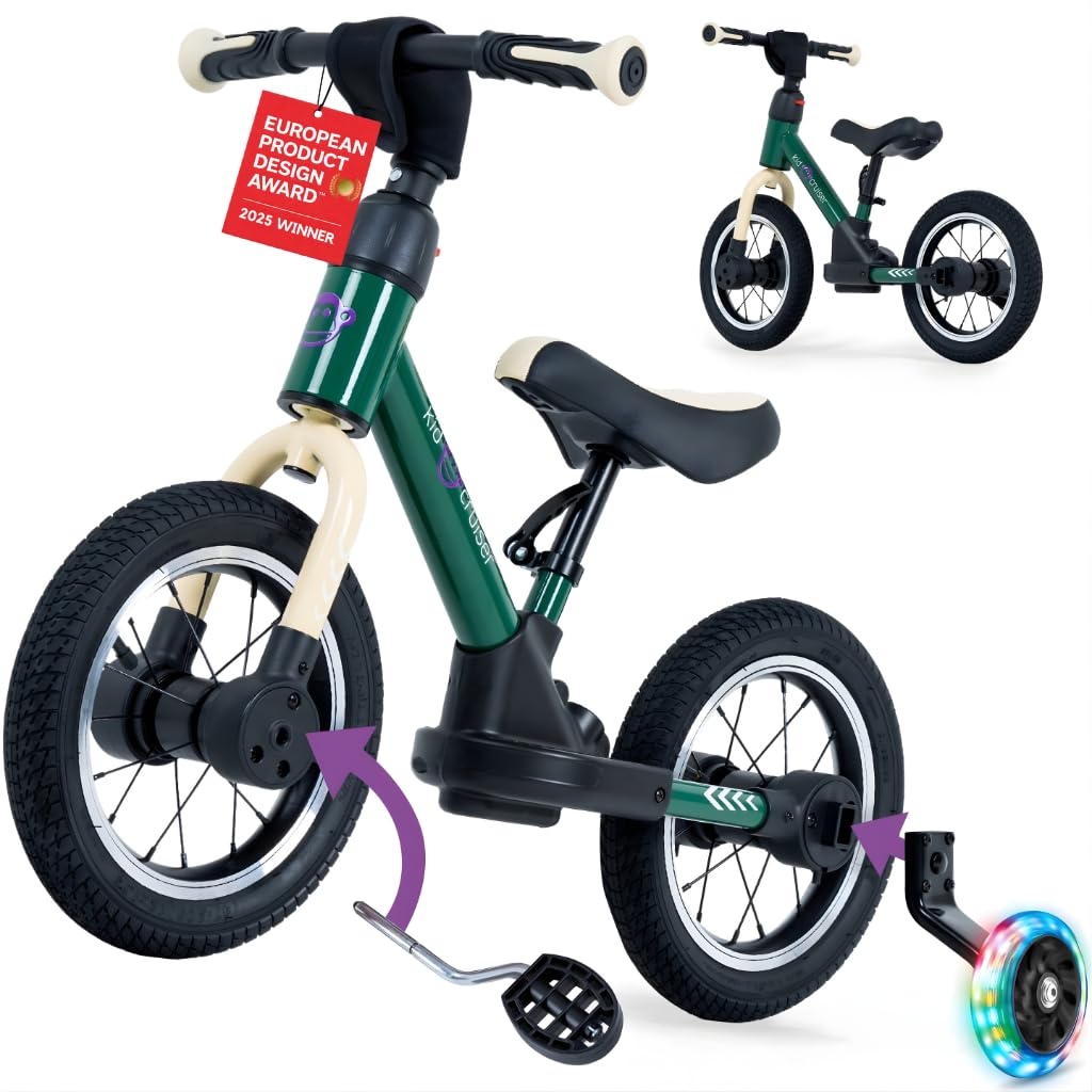 Kidcruiser Toddlers Balance Bike 2–5 Years, 3-in-1, Converts to Pedal Bike with LED Training Wheels – Adjustable Kids First Bike That Grows with Your Child, 80kg - Forest Green — image 1