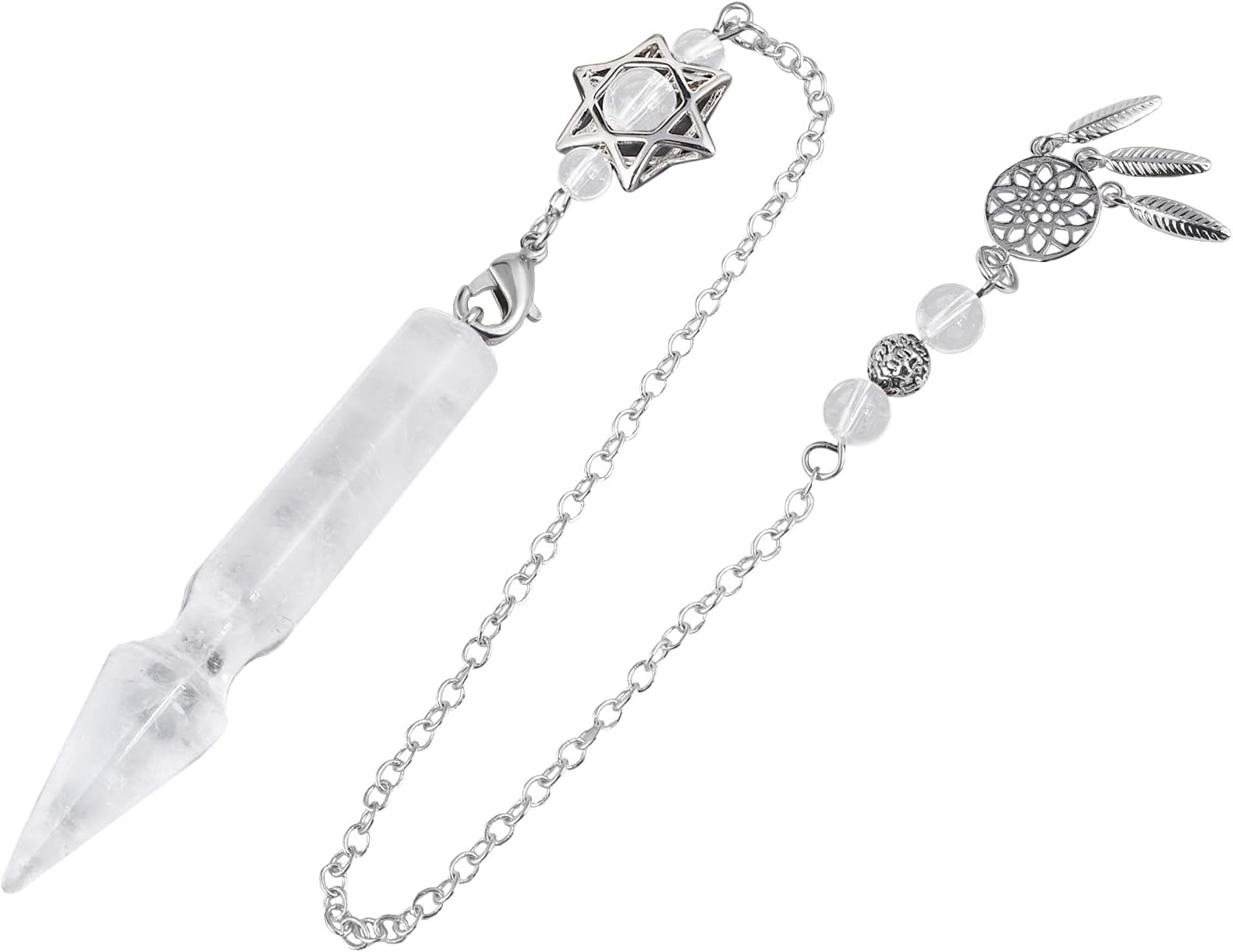 TUMBEELLUWA Crystal Point Pendulum for Divination Dowsing Faceted Stone Pendant Pendulum with Dream Catcher and Merkaba Star Chain, Rock Crystal