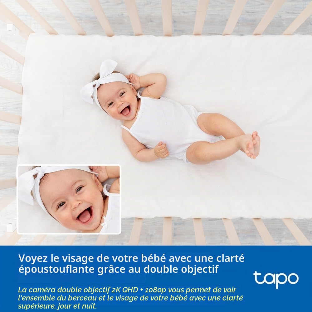 Tapo C840 2K 4MP Moniteur de bébé à Double Objectif, caméra de sécurité de Suivi de bébé à 360°, Vision Nocturne HD, détection AI, caméras intérieures de sécurité, Analyse du Sommeil, Alexa, Google