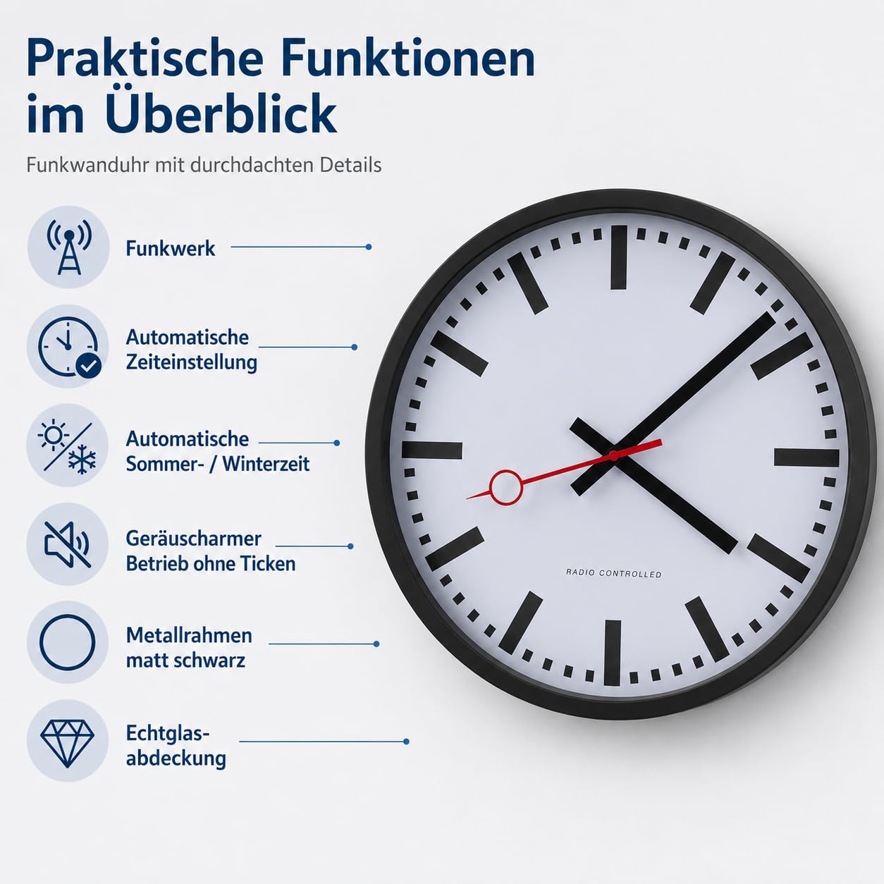 Eurotime Funkwanduhr, 35 cm, im Bahnhofsdesign, geräuscharmes Funkwerk, kein Ticken, Metallrahmen Mattschwarz, automatische Zeitein- und Zeitumstellung, für Wohnbereich oder Büro, 59530-05
