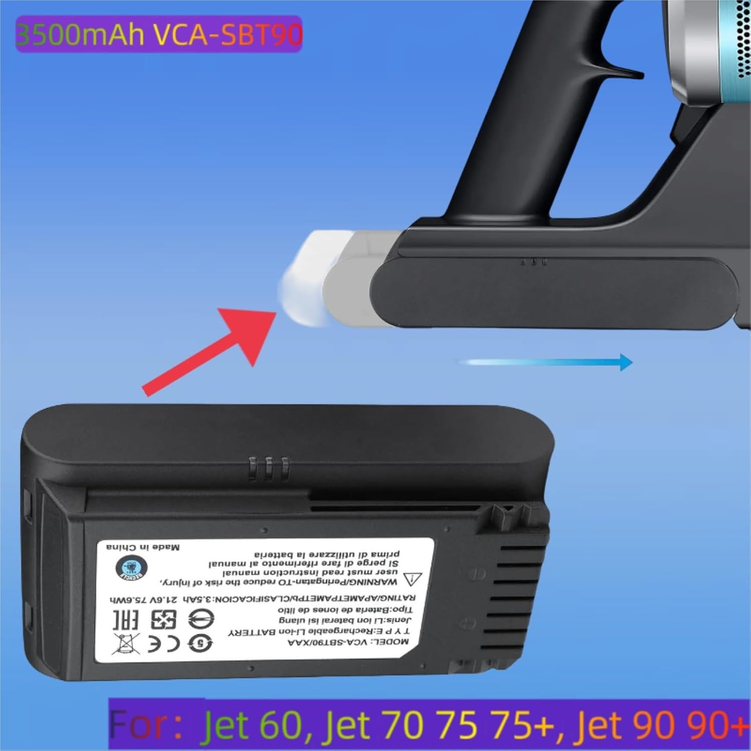 Vacuum Cleaner 3500mAh VCA-SBT90 Li-ion Battery. Compatible for Samsung Jet 60, Jet 70 75 75, Jet 90 90 Vacuum Cleaners