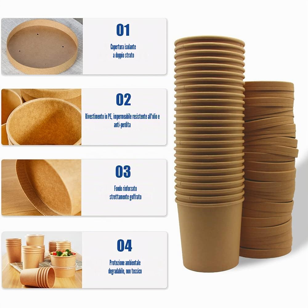 Contenitore per Alimenti da Asporto, 25 Pezzi Scatola di Zuppa, Scatole di Pasta, Ciotole Insalata, Con Copertina di Carta, A Prova di Acqua e Olio, per Ristorante Catering e Feste(26oz/800ml)