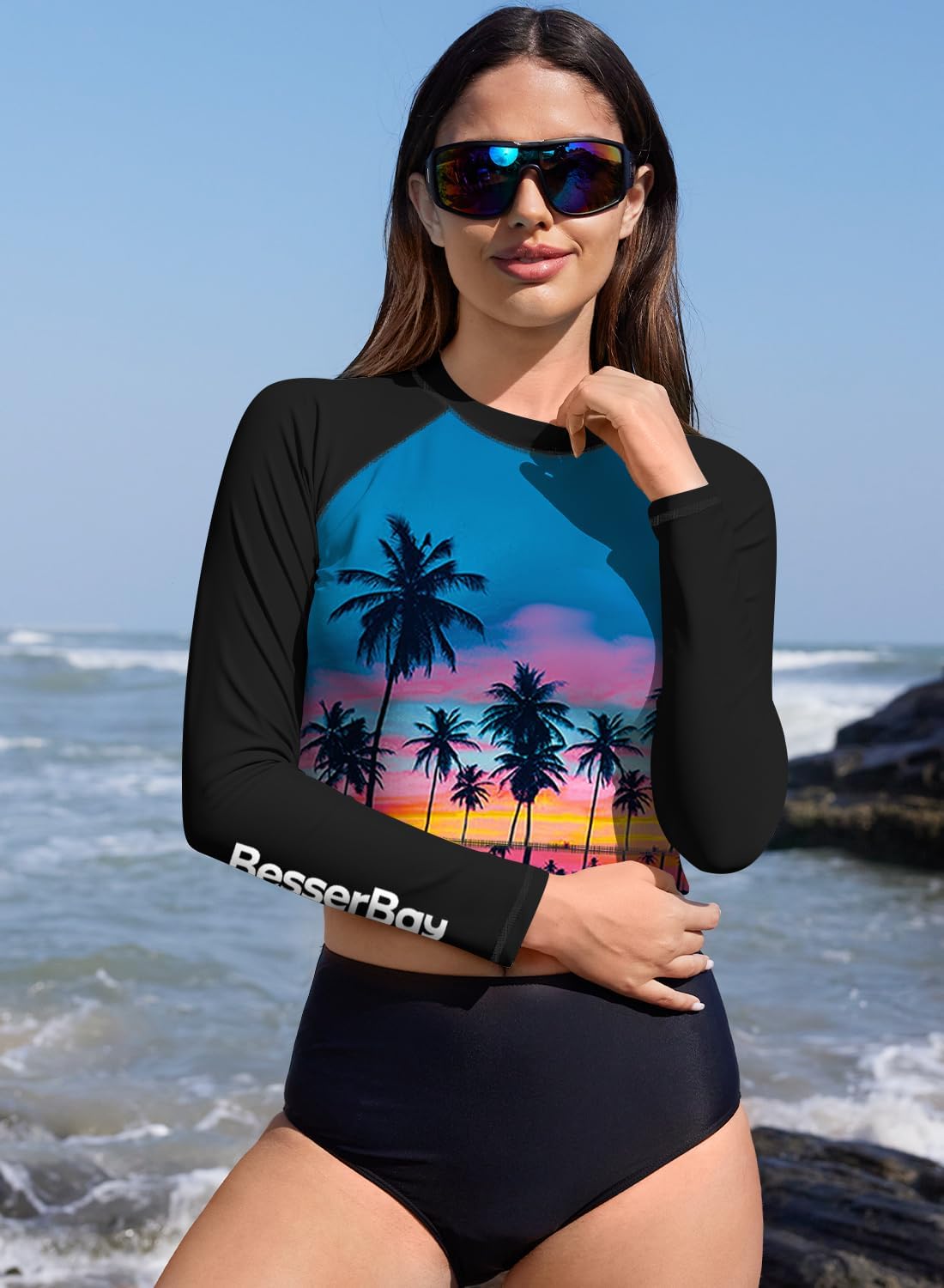 BesserBay Women's UPF 50+ Long Sleeve Rashguard Swimming Crop Top