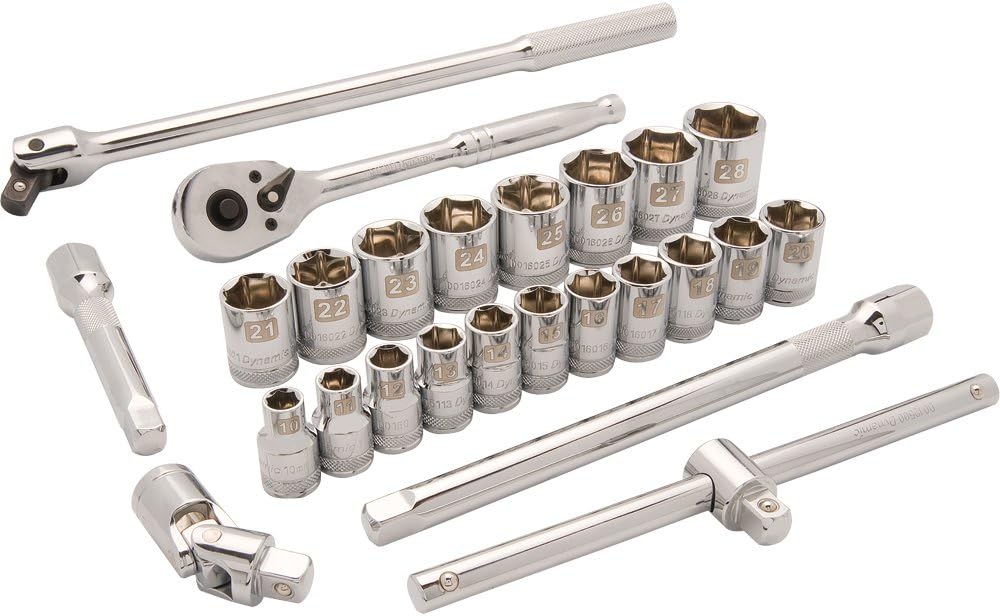 Dynamic Tools D018009 1/2" Drive 6 Point Standard Metric Socket Set (25 Piece), 10mm to 28mm
