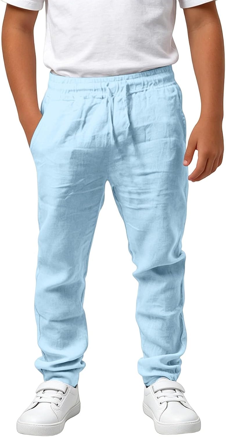 Boys Uniform Pants Summer Casual Cotton Linen Pants Drawstring Baggy Yoga Trousers with Pockets School Preppy Pants