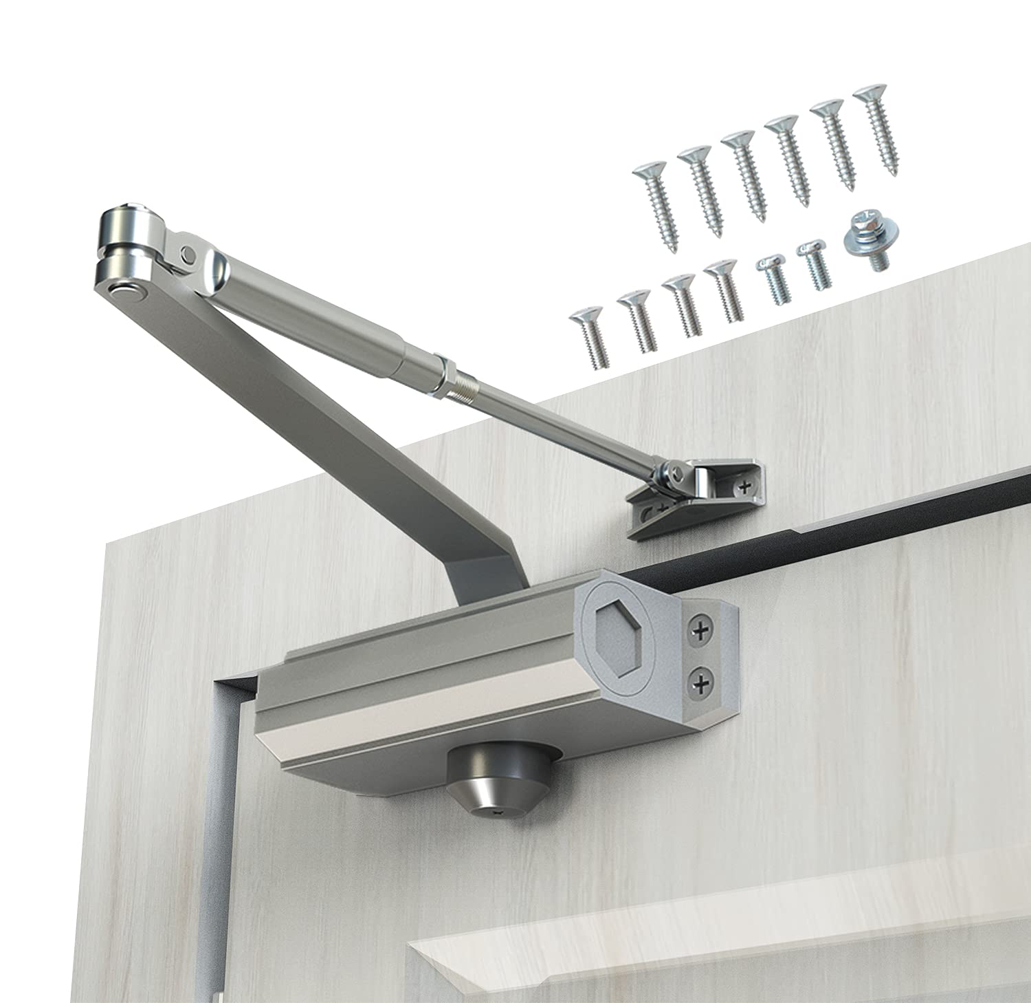 Automatic Door Closer Heavy Duty Fire Prevention Spring Hydraulic Aluminum Alloy Surface Mounted Residential Commercial Grade Door Closer Adjustable Speed Door Weights 55-99 Lbs Size1-Silver