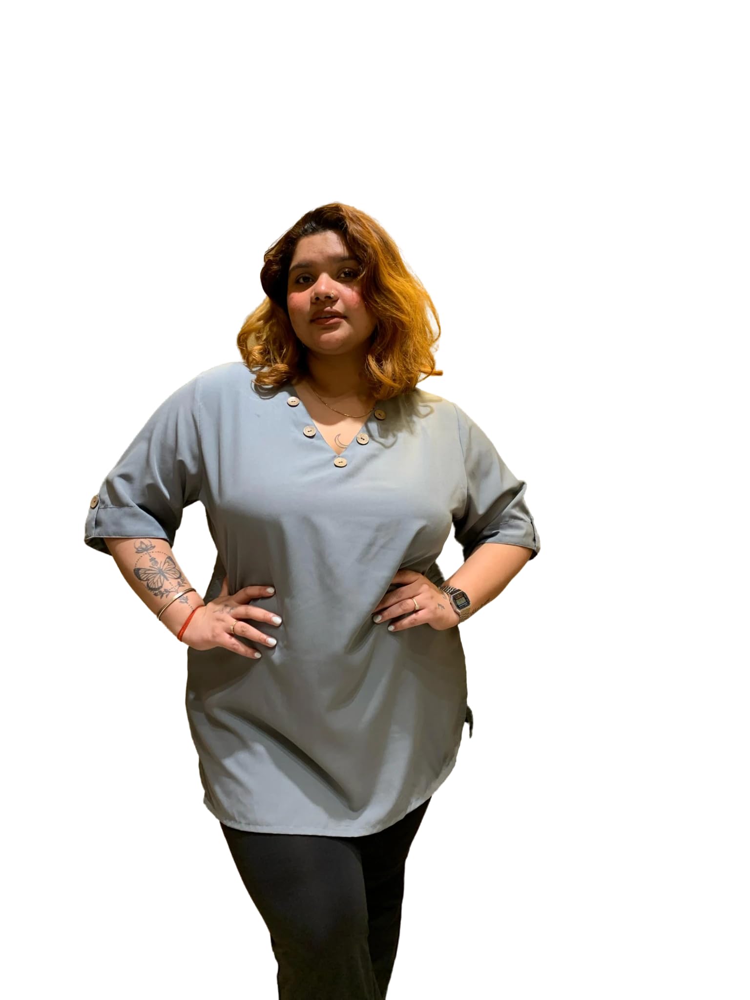 POREARMA Women Plus Size Grey Plain Top with Mandarin Collar & Three-Quarter Sleeves | Show Buttons on Chest | Party Wedding Festivals 2XL / 3XL / 4XL / 5XL / 6XL / 7XL-image-22
