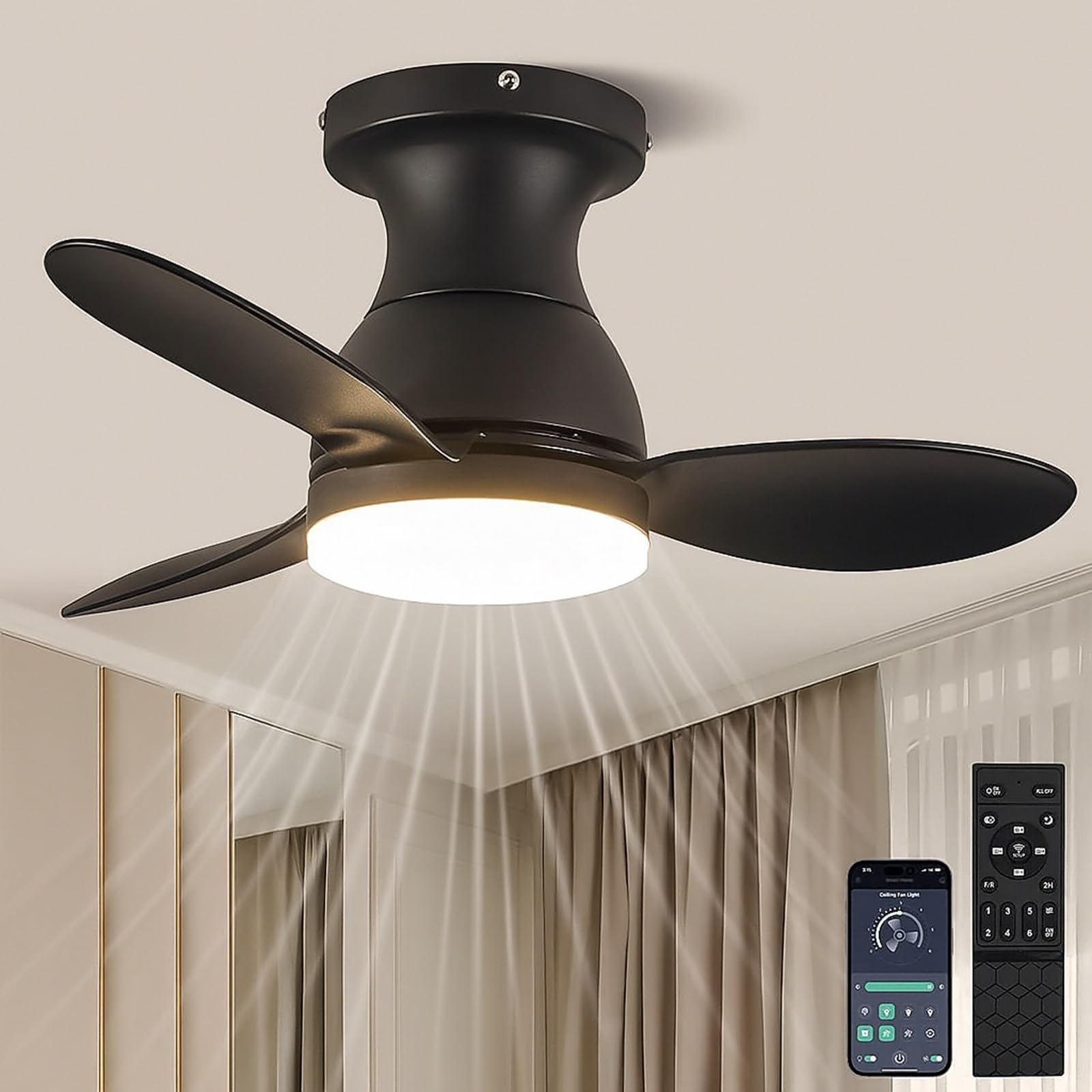 LEONTYNE 58 cm Small Ceiling Fan with Light, Large Airflow Ultra Quiet Dimmable LED, App & Remote Control,6 Speed Reversible DC Motor, Low Profile Fan Light Ceiling for Bedroom Living Room Kitchen — image 1