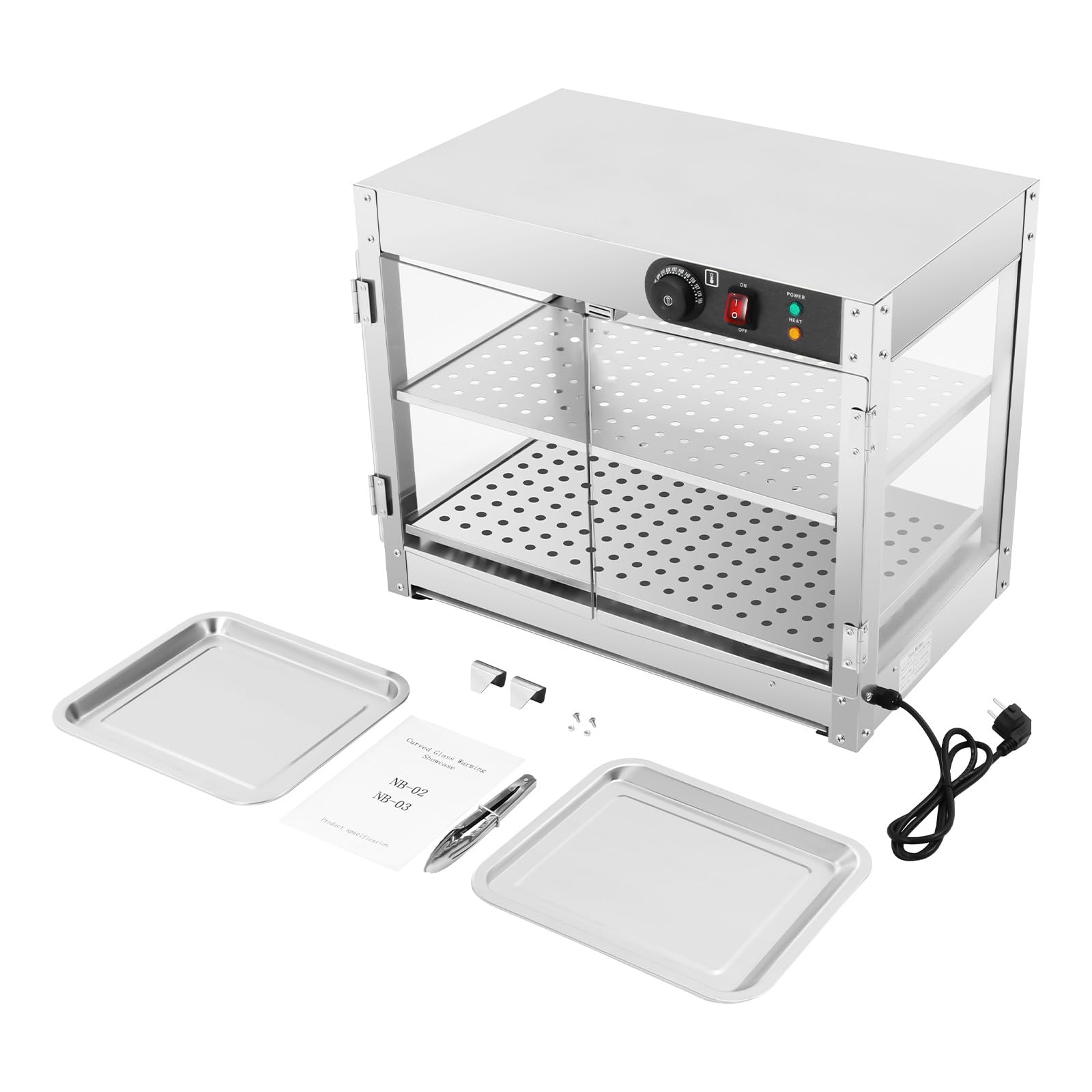 Vetrina calda, scaldavivande elettrica in acciaio inox 201, 2 ripiani da 800 W, portata di calore 30 ~ 85 °C, ripiano 50 x 30 cm, distanza tra i livelli 14 cm