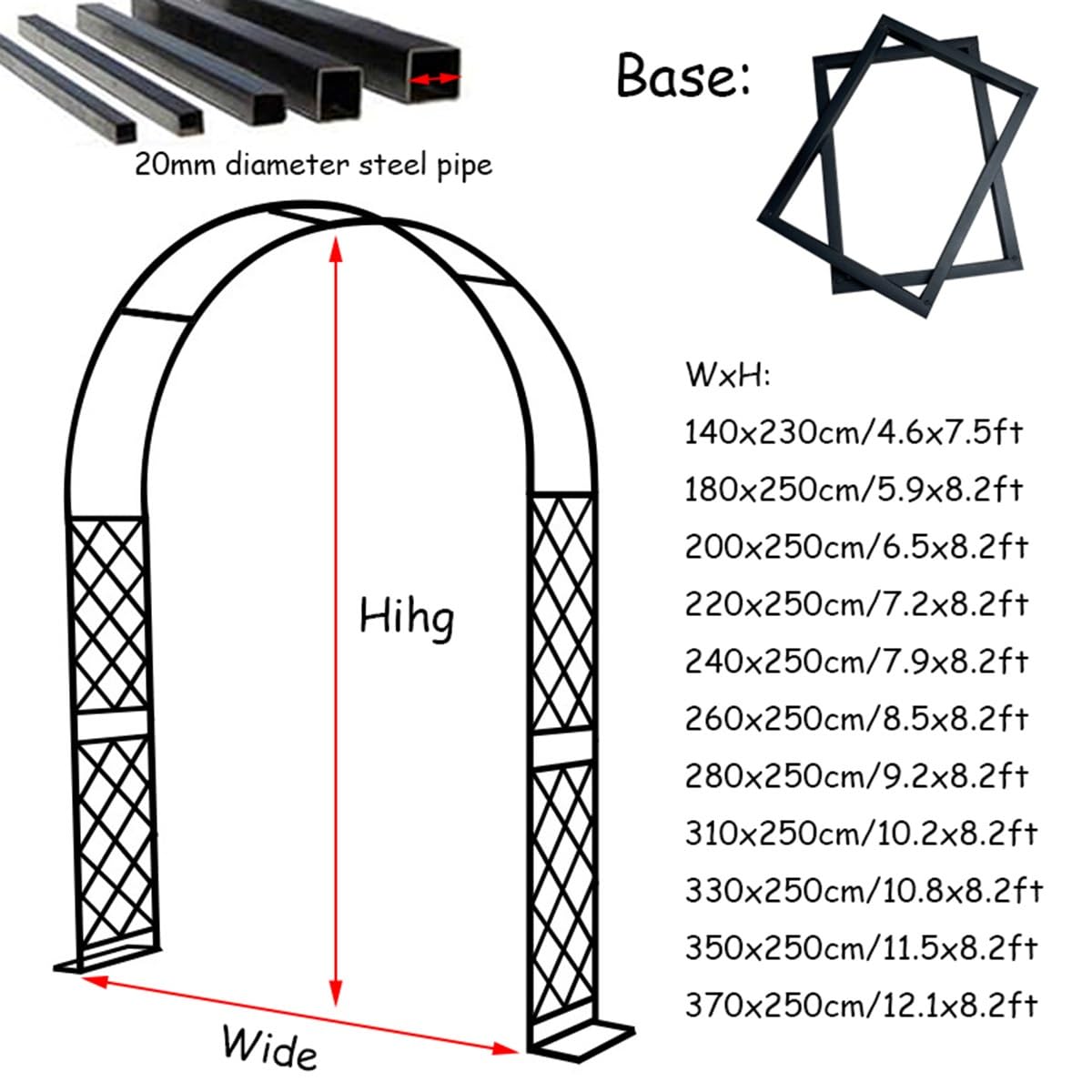 Arco da giardino in metallo alto 250 cm, graticcio autoportante per piante per rose verde, 220 x 250 cm, perfetto per decorazioni da giardino ed eventi all'aperto
