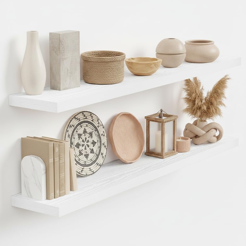 Vivelove White Floating Shelves 40 Inches Long, Wall Display Shelves with Invisible Brackets, for Bathroom Living Room Kitchen Bedroom Office Farmhouse Home Decor, 40x9.3X 1.5 - Set of 2, White