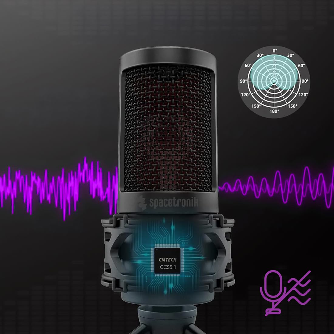 Spacetronik Microphone Gaming USB pour PC, Microphone à Condensateur avec Tap-to-Mute & LED, Filtre Anti-Pop & Support Anti-Choc, Plug & Play pour Streaming, Podcast, Discord, PS4/PS5, Mac