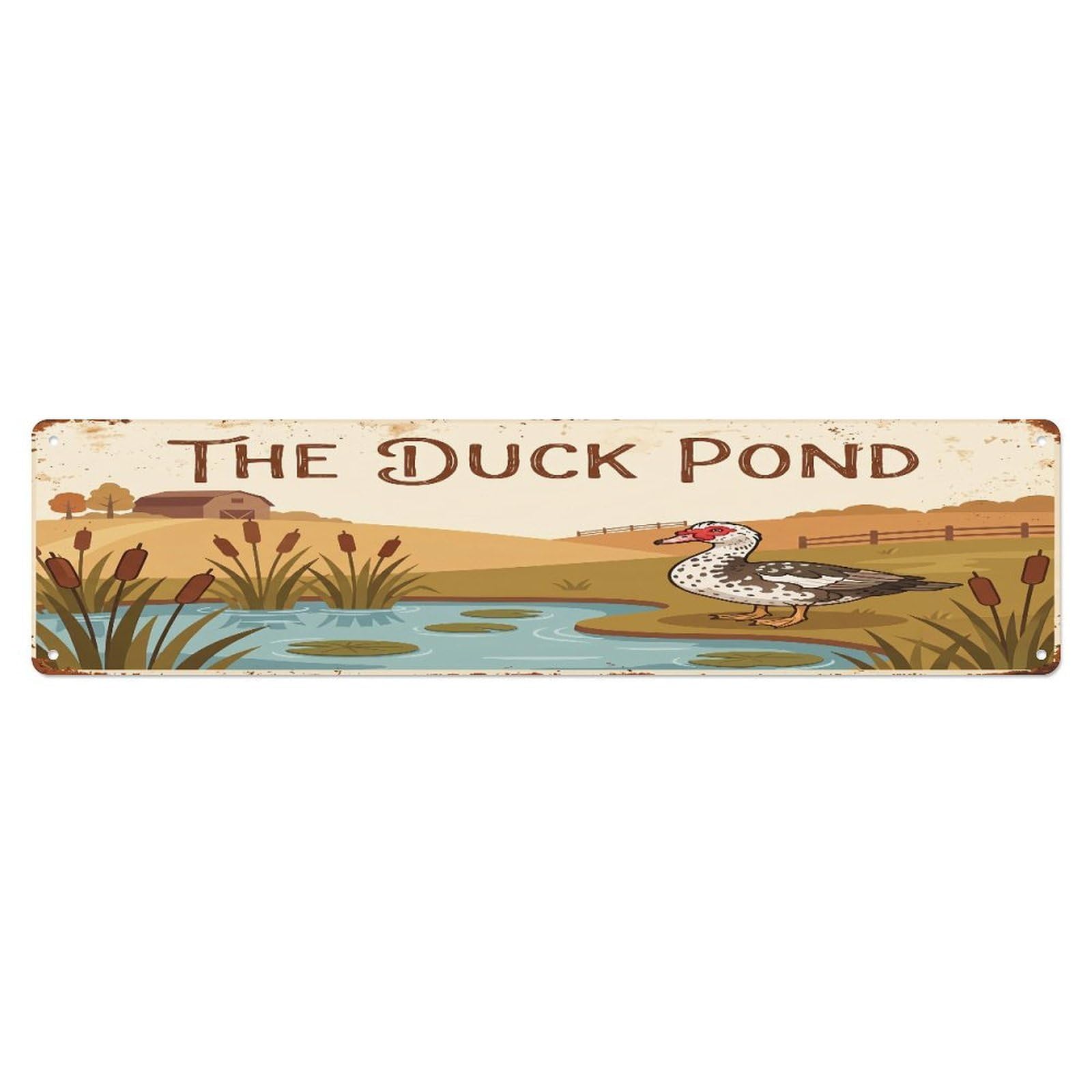Metal Tin Sign Vintage Muscovy Duck Farm Scene The Duck Pond