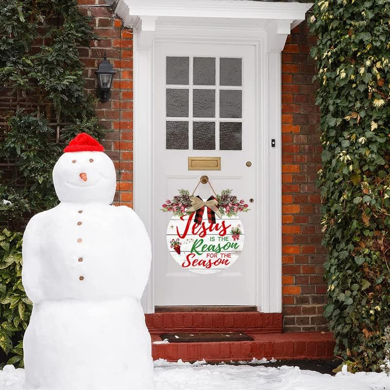 Miniatura 3 de Letrero de pared con corona de Navidad, decoración de puerta delantera, Natividad Jesús es la razón de la temporada, letrero de madera redondo