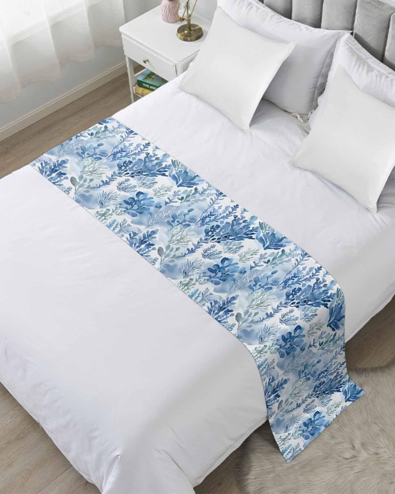 Blue Botanical Bed Runner for Twin Size, Watercolor Leaf Pastoral Bedspread Protector Slipcover Bed Scarf for Foot Runners & Scarves for Bedroom Hotel Wedding Room 71x20 Inches