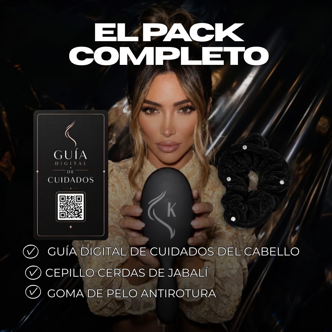 Cepillo de Cerdas de Jabalí para Cabello – Cepillo Pelo Antiencrespamiento y Antirotura, Cepillo Desenredante Cabello Largo y Extensiones+ Goma Terciopelo + Guia de cuidados del cabello