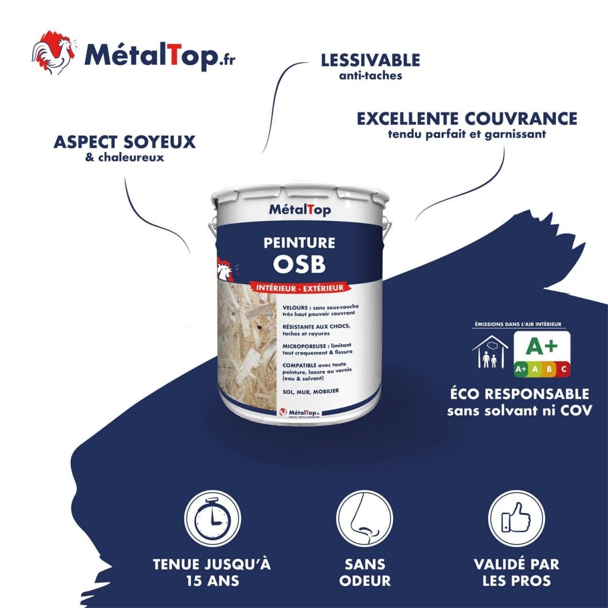 Metaltop - Peinture Osb - Blanc pur - RAL 9010-5 L - Protection renforcée contre l'usure quotidienne, protection longue durée