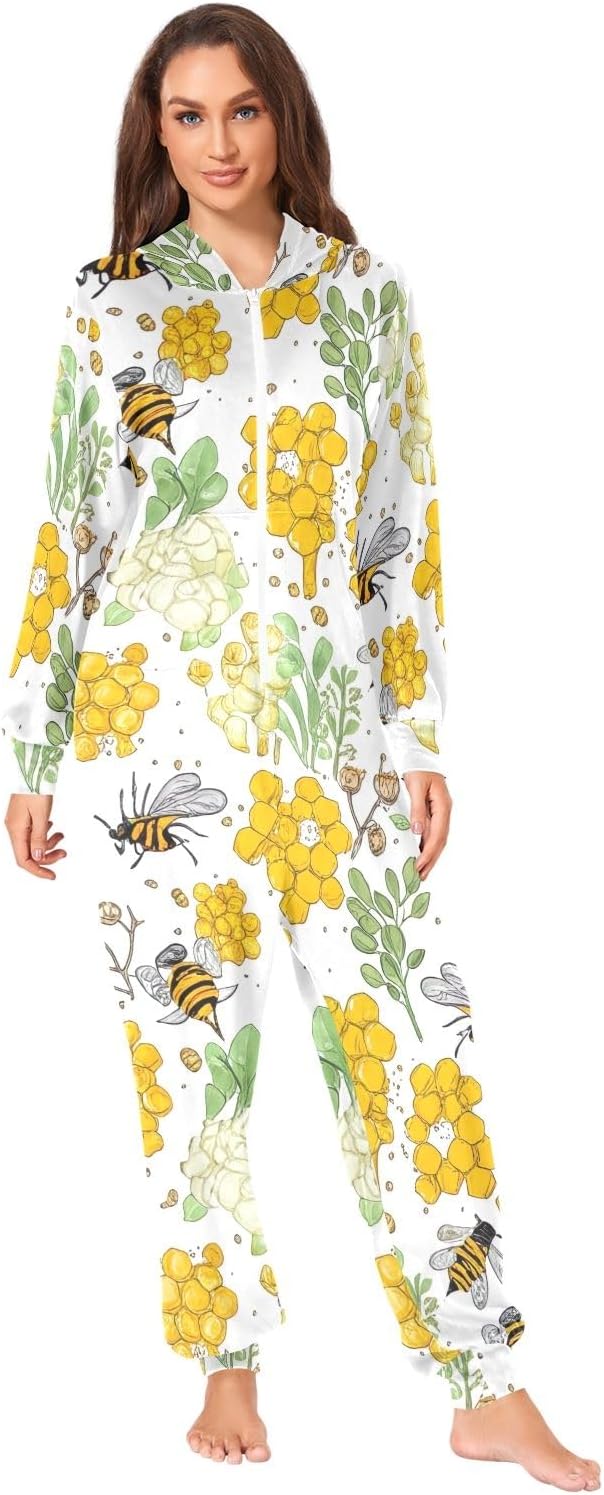 GAIREG Honeycombs Bees Bright Adult Onesie Pajamas with Hood, Soft Zipper One Piece Loungewear for Men Women