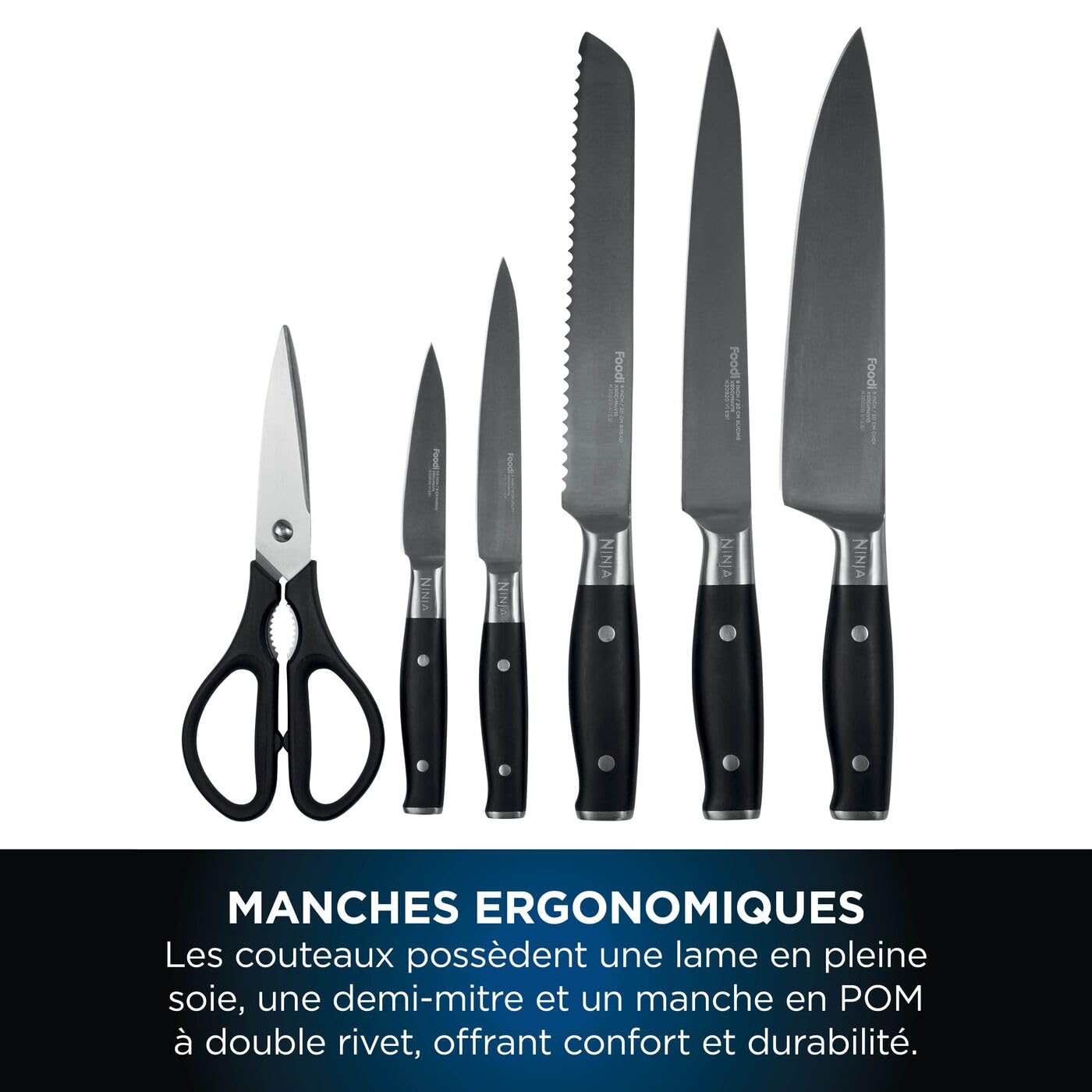 Bloc-couteaux Ninja Foodi StaySharp avec Affûteur, Ensemble de Couteaux 6 Pièces Aiguisés: Couteau de chef, à pain, à trancher, universel, à éplucher et ciseaux, en Acier Inoxydable, K32006EU