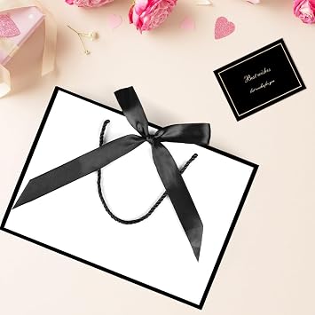 AMFUN 2PCS Medium White Gift Bag, Paper Gift Bag with 4 Wrappers and 2 Cards, Present Bags with Handles, White Paper Bags for Women Valentines Girls Bridesmaid Birthday Wedding Party (White-Black)
