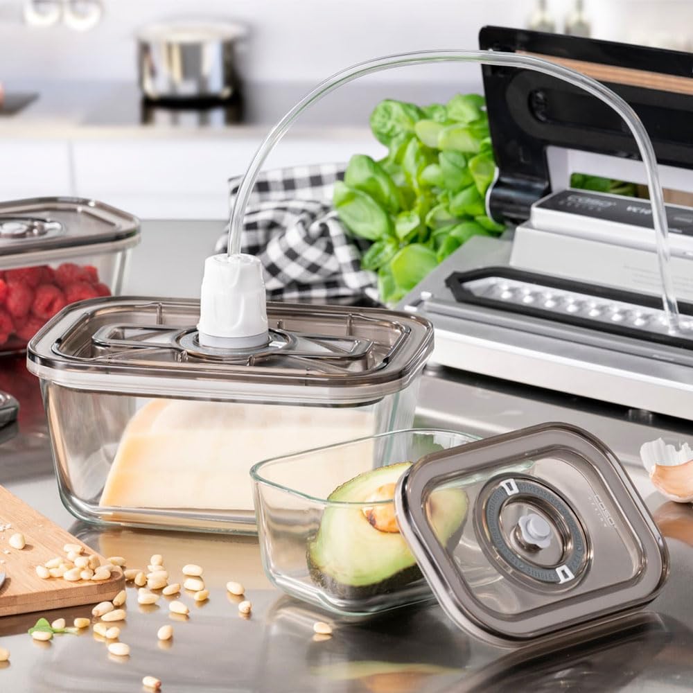 Caso VacuBoxx Eco-Set, 3 récipients sous vide en verre borosilicaté, y compris tuyau de mise sous vide & adaptateur, résistant à la chaleur, lavable au lave-vaisselle, adapté à la congélation