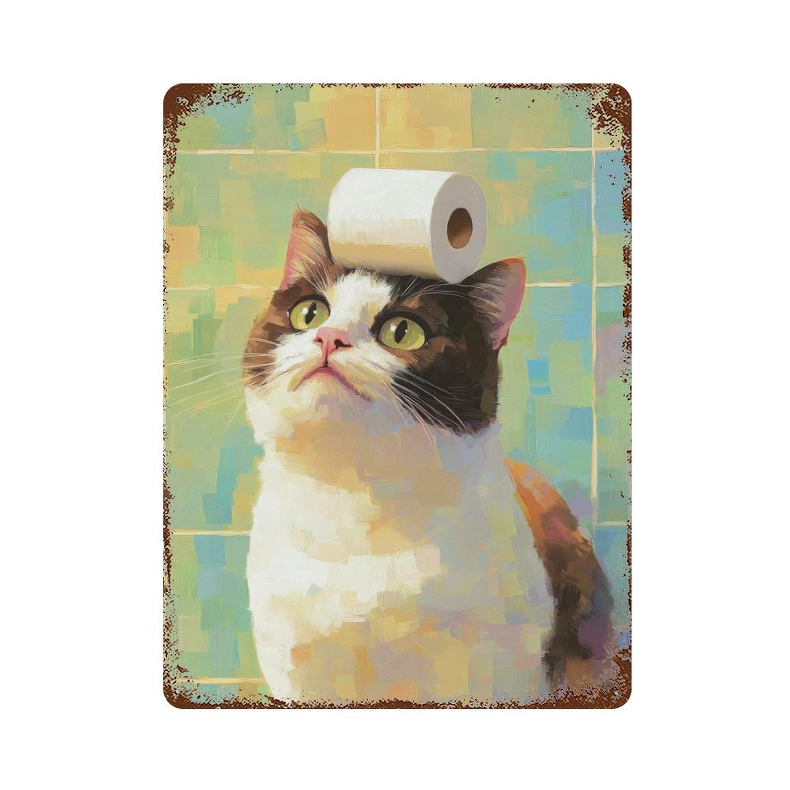 Cat with Toilet Paper 15.7"x11.8" Aged Metal Wall Plaque, Novelty Wall Decor for Garage, Bar And Workshop Decor