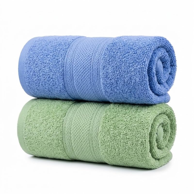 Image of TowelWala Premium Hand Towel 550 GSM Soft Absorbent Quick Dry (Green /Blue) | Premium 550 GSM cotton with woven border-quick drying and perfect for bathroom, kitchen, gym, and travel.