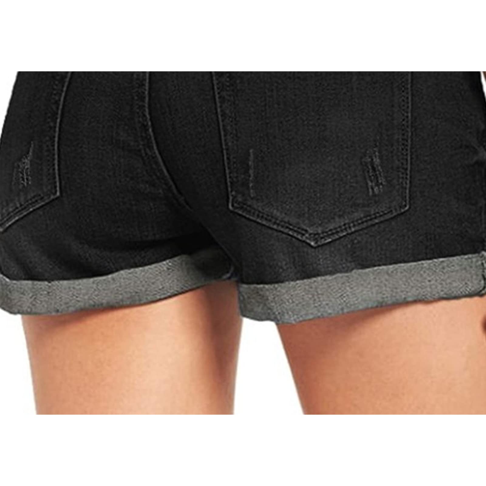JEKE-DG Women's Ripped Denim Jean Shorts Rolled Hem Distressed Jeans High Waisted Stretchy Folded Hem Short Jeans (Medium,Black)