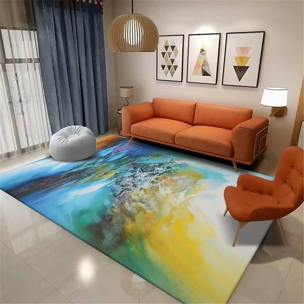 Tapis peint en bleu moderne 180x280 grand format lavable pour chambre