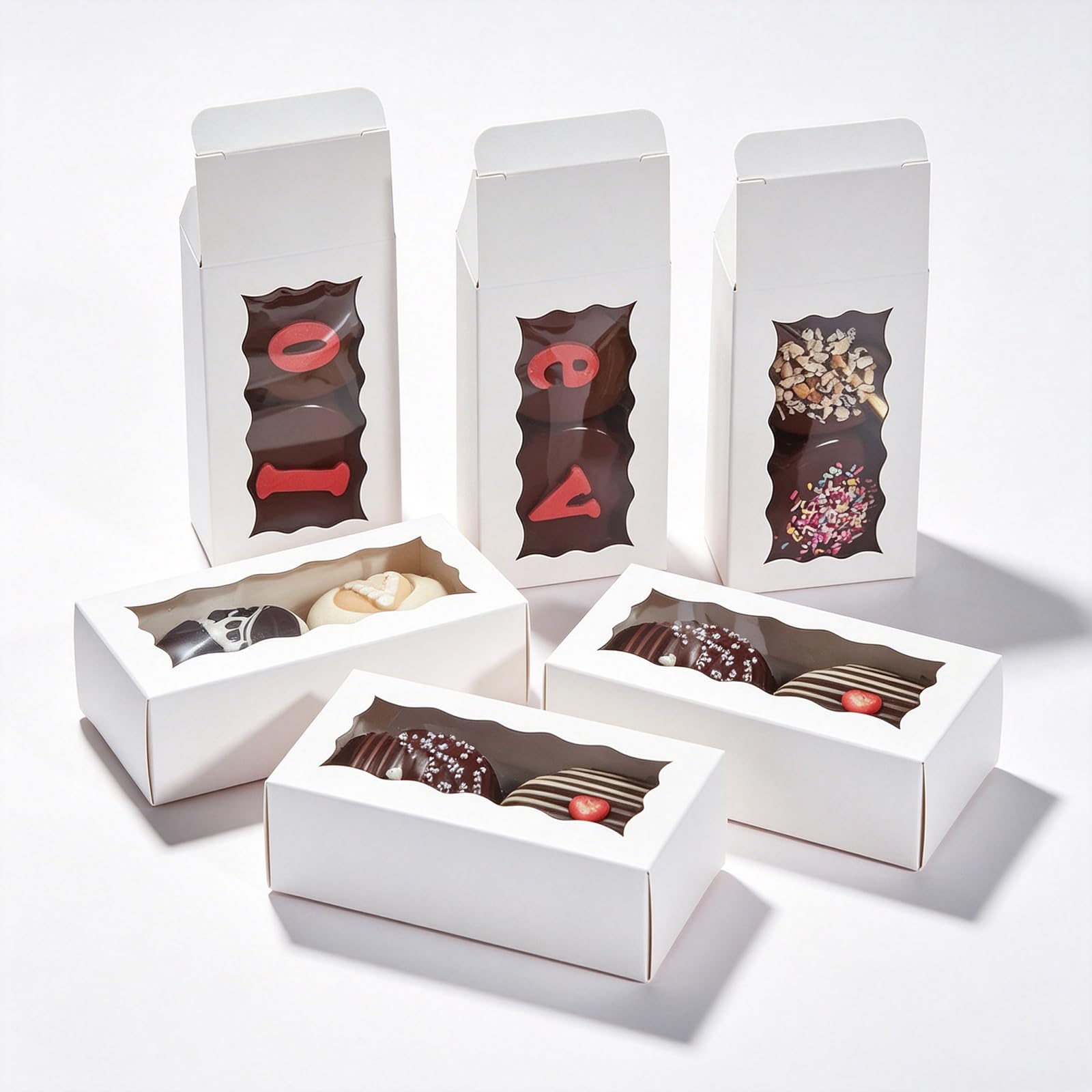 JCXGRVC small treat boxes 50pcs white candy box with window 4.17x2.16x1.37 inches perfect for chocolate, small bakery boxes macaron boxes for 2