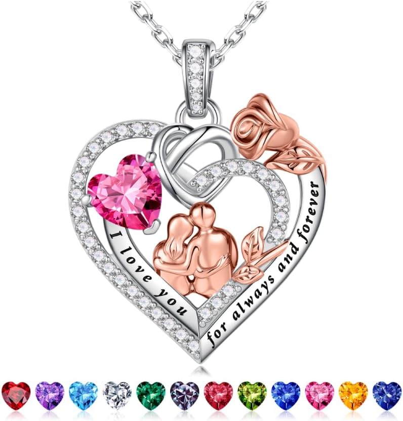 Iefil Birthstone Necklace for Women - 925 Sterling Silver Heart Necklace for Women, Anniversary Birthday Gifts for Wife Girlfriend Mom