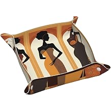 African Woman Faux Leather Jewelry Catchall Tray Trinket Dish, Black Valet Tray Portable Desk Organizers for Keys Wallet Watch-9.8x9.8 In