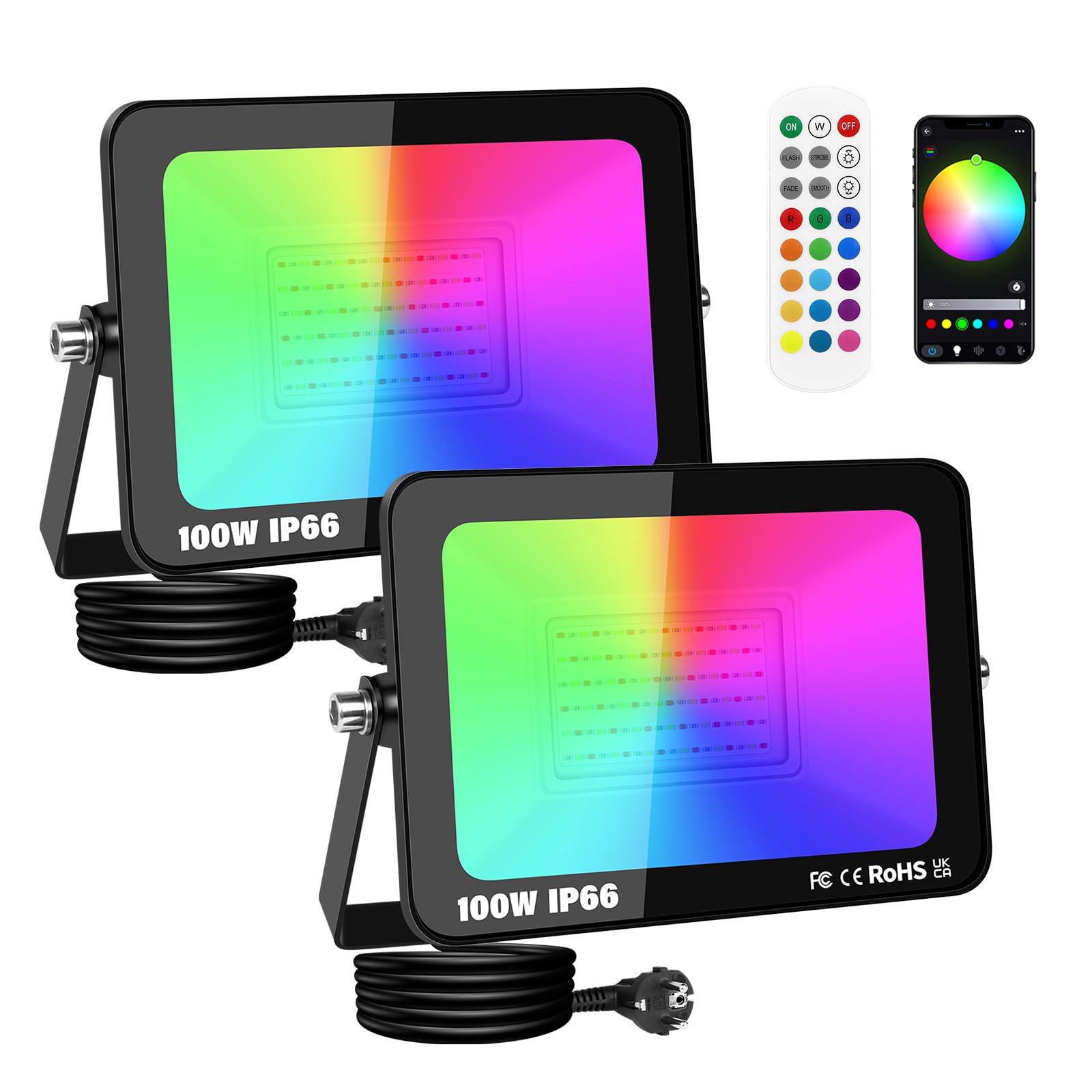 PICAA 2 Piezas 100W Foco Led RGB Exterior, 10000LM APP Control Remoto Proyector Led, Cambio de Color RGBW Estroboscópico, Luz de Pared para Jardín, Fiestas, Terraza