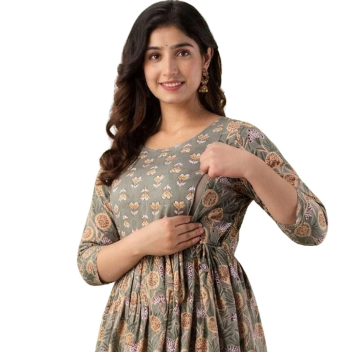 Feeding Kurti for Women | Cotton Maternity Kurti with Hidden Zippers | Soft Nursing Dress for Pregnancy & Postpartum | Printed Nightwear for New Moms-image-34