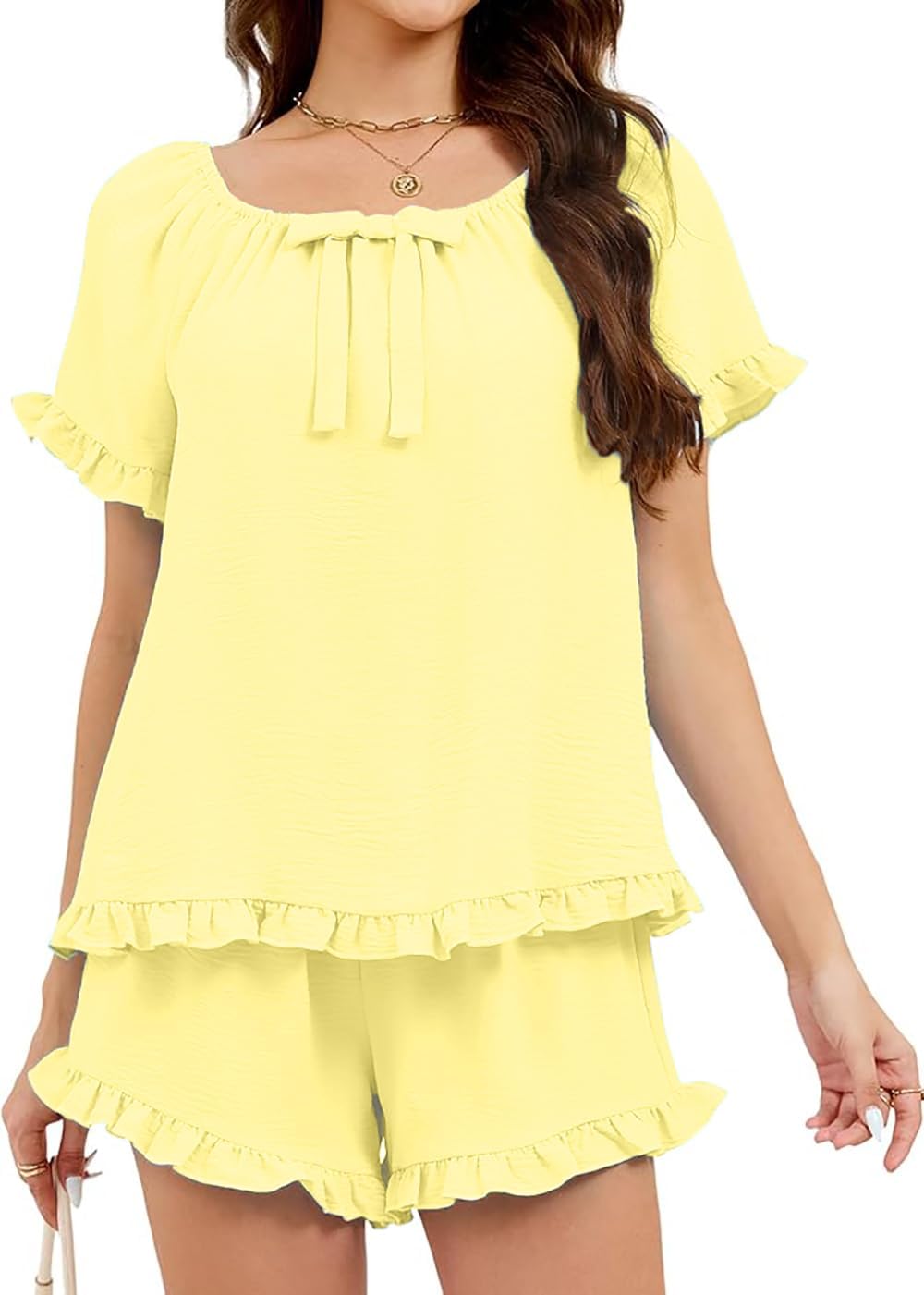 Womens Ruffle Pajama Set Short Sleeve Sleepwear with Bow Tie Lightweight Loungewear Shorts Set for Summer