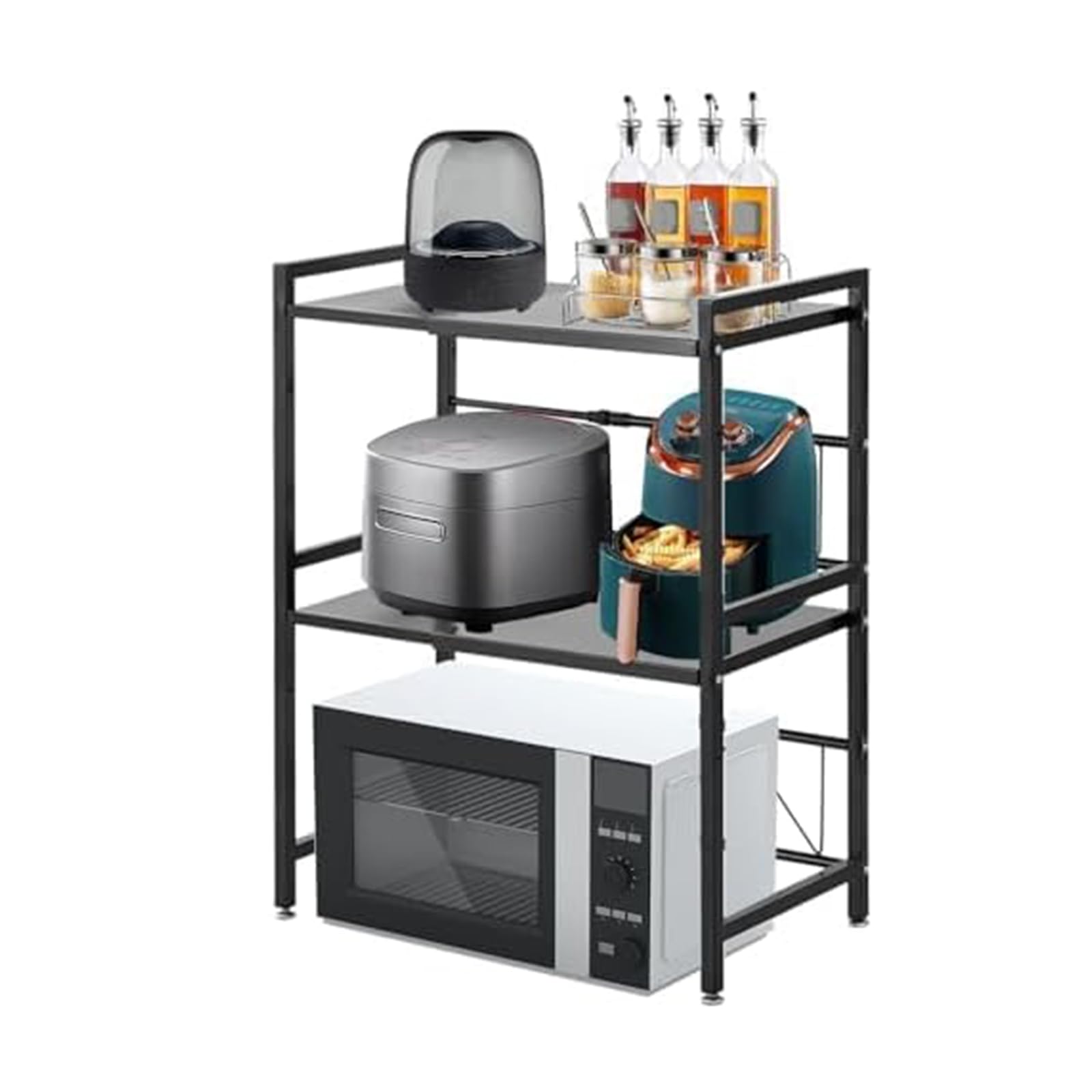 Scaffale a microonde a 2 livelli, larghezza regolabile, supporto per riporre il tostapane, scaffale cucina, allungabile da 40 a 63 cm, capacità di carico 75 kg (nero)