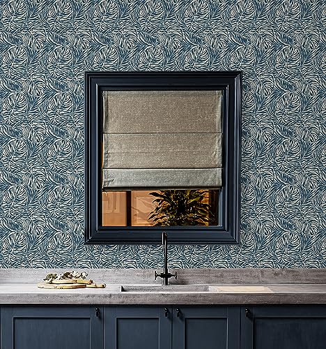 Image of Tommy Bahama - Peel and Stick Wallpaper, Tropical Wallpaper for Bedroom, Powder Room, Kitchen, Vinyl, 30.75 Sq Ft Coverage (Zebra Leaf Collection, Indigo)