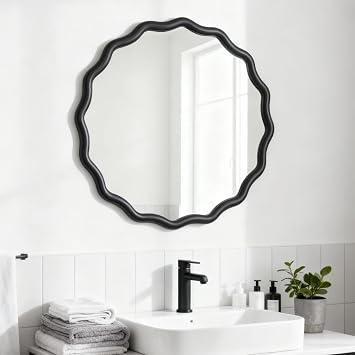 Black Scalloped Circle Mirror 24" Wavy Edge Round Wall Mirror for Bathroom Modern Hanging Leaning Wood Frame Vanity Mirror Decorative for Bedroom Living Room Entryway