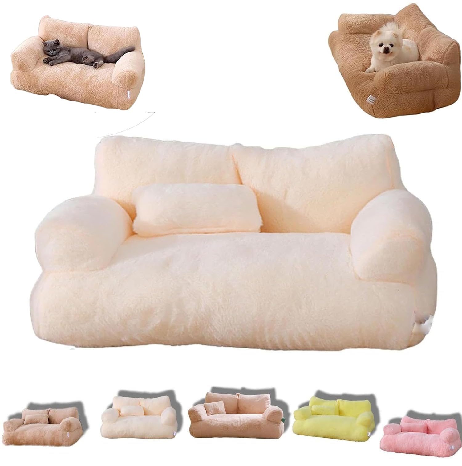 Calming Pet Sofa,Calming Dog Bed Plush Pet Sofa,Soft Calming Cat Sofa Beds,Washable Cat Beds for Medium Small Dogs ＆Cats (L, White)