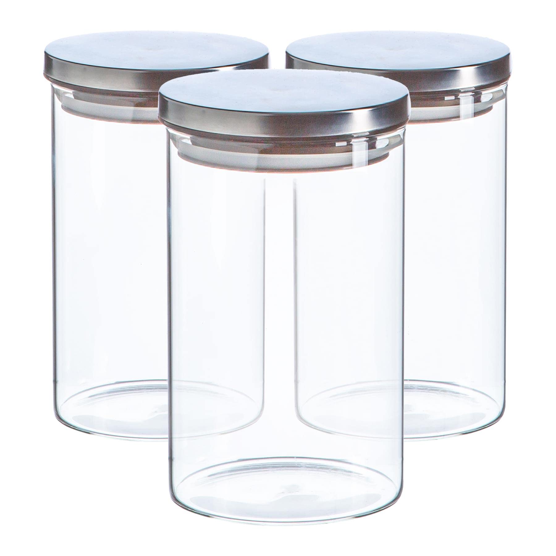 Argon Tableware Silver Scandi Storage Jars With Metallic Lids - 3 Pack - Modern Round Organisation Container Glass Jar For Kitchens, Pantry, Bathrooms, Utility Rooms 1000Ml