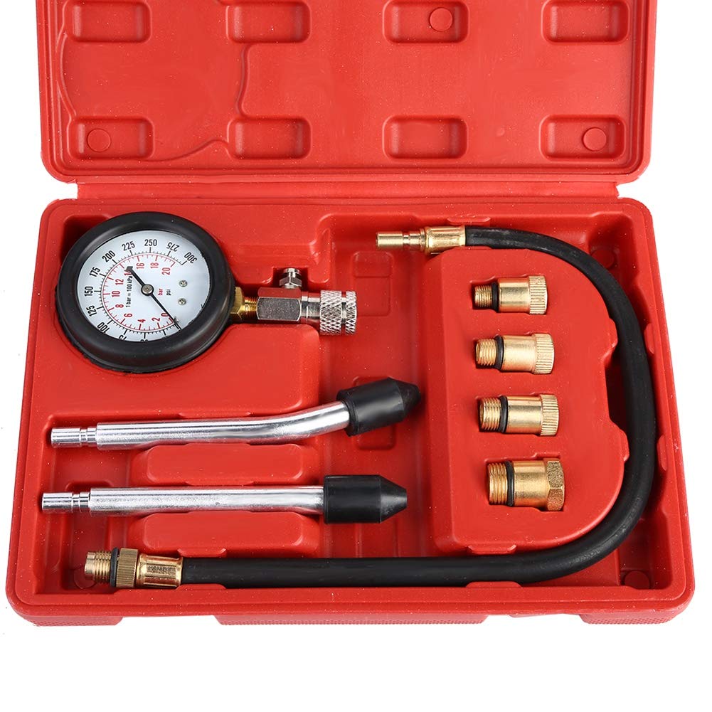 EBTOOLS Benzin Kompressionstester,Kupfer Benzinmotor Kompression Tester Kit Auto Benzin Gas Motor Zylinder Automotive Test Kit Kfz Werkzeug Messgerät mit Tragetasche