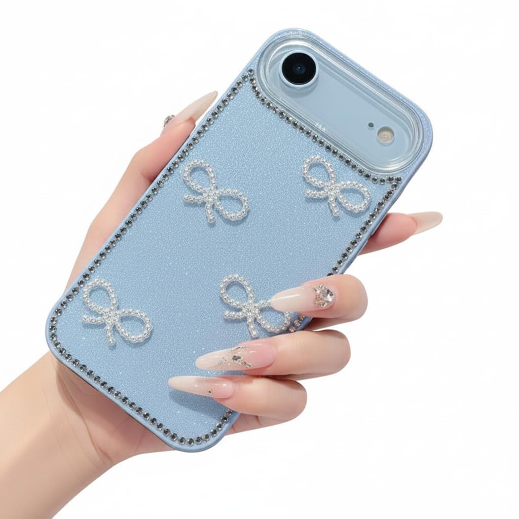 DIZORO Compatible with (iPhone 17 Air Case)(2025), Luxury Diamond Cute with Bow Glitter Bling Case with Full Camera Protection Shockproof PC+TPU Glossy Shiny Back Cover for Girls Women (Sierra Blue)