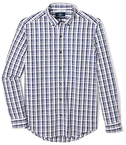 BUTTONED DOWN Men's Tailored Fit Supima Cotton Button-Collar Dress Casual Shirt, Navy/White Plaid, 16-16.5