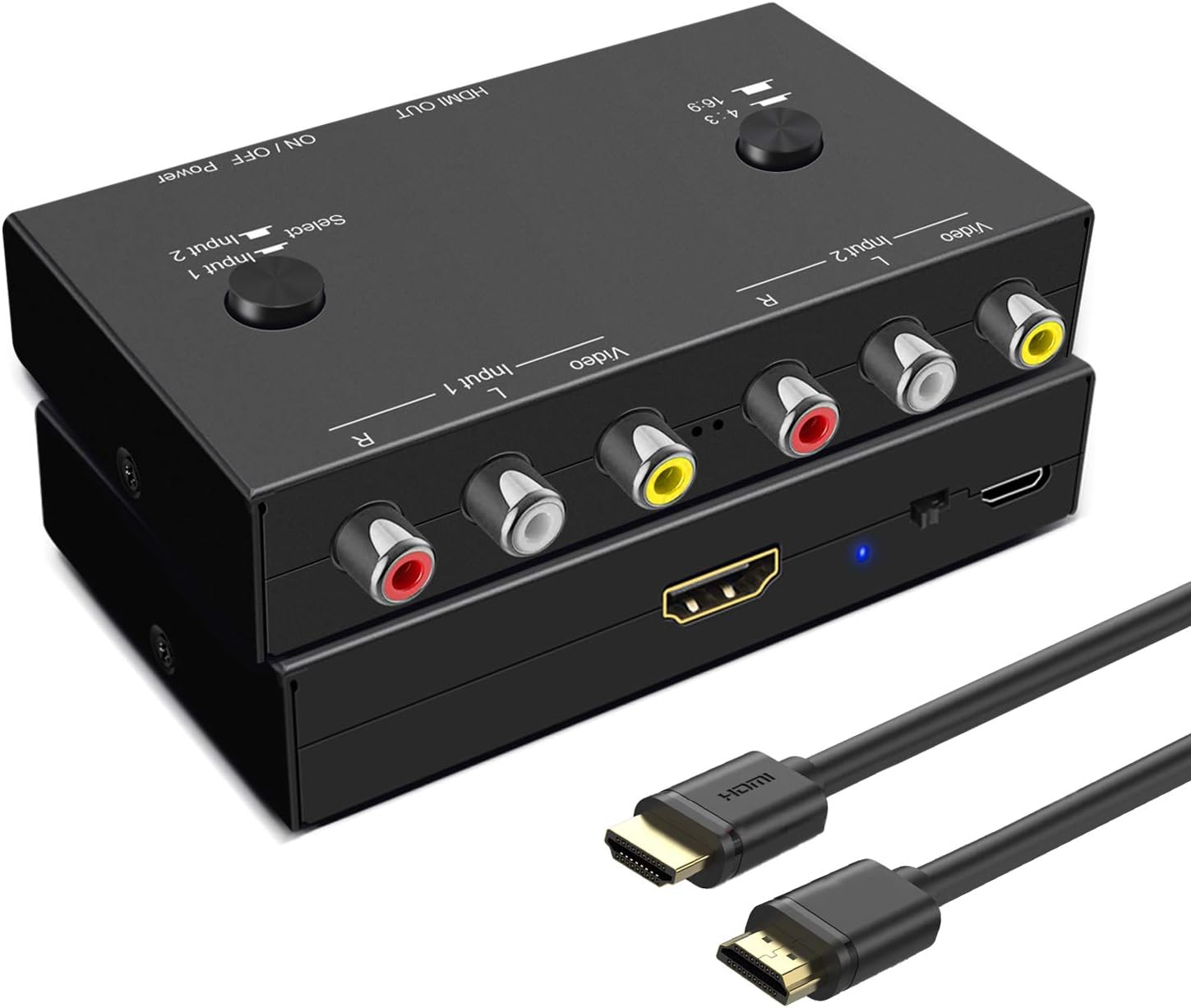 2 AV to HDMI, 1080P/720P TV 2 Way RCA Composite CVBS AV Switch to HDMI Video Audio Converter Adapter Support 4:3/16:9 Switching, for Sega Xbox PS2 PS3 N64 NGC SNES WII VHS VCR Camera DVD