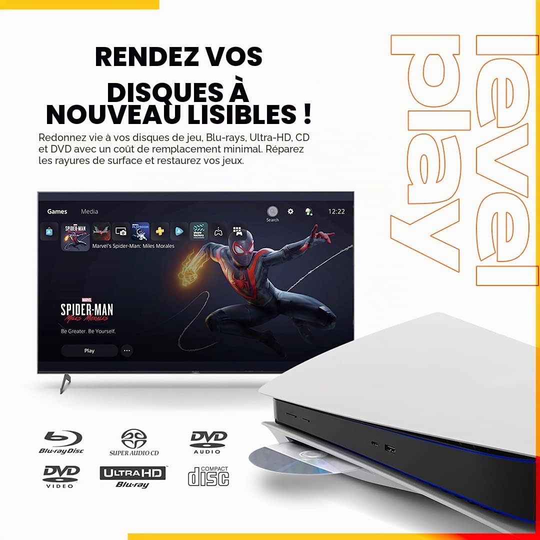 Levelplay Kit Nettoyage & Suppression des Rayures pour Disques – Répare, Polit et Corrige Dommages, Sauts Audio/vidéo, Blocages de Jeu sur CD, DVD, Blu-Ray. Chiffon Microfibre Inclus – Flacon 50 ML