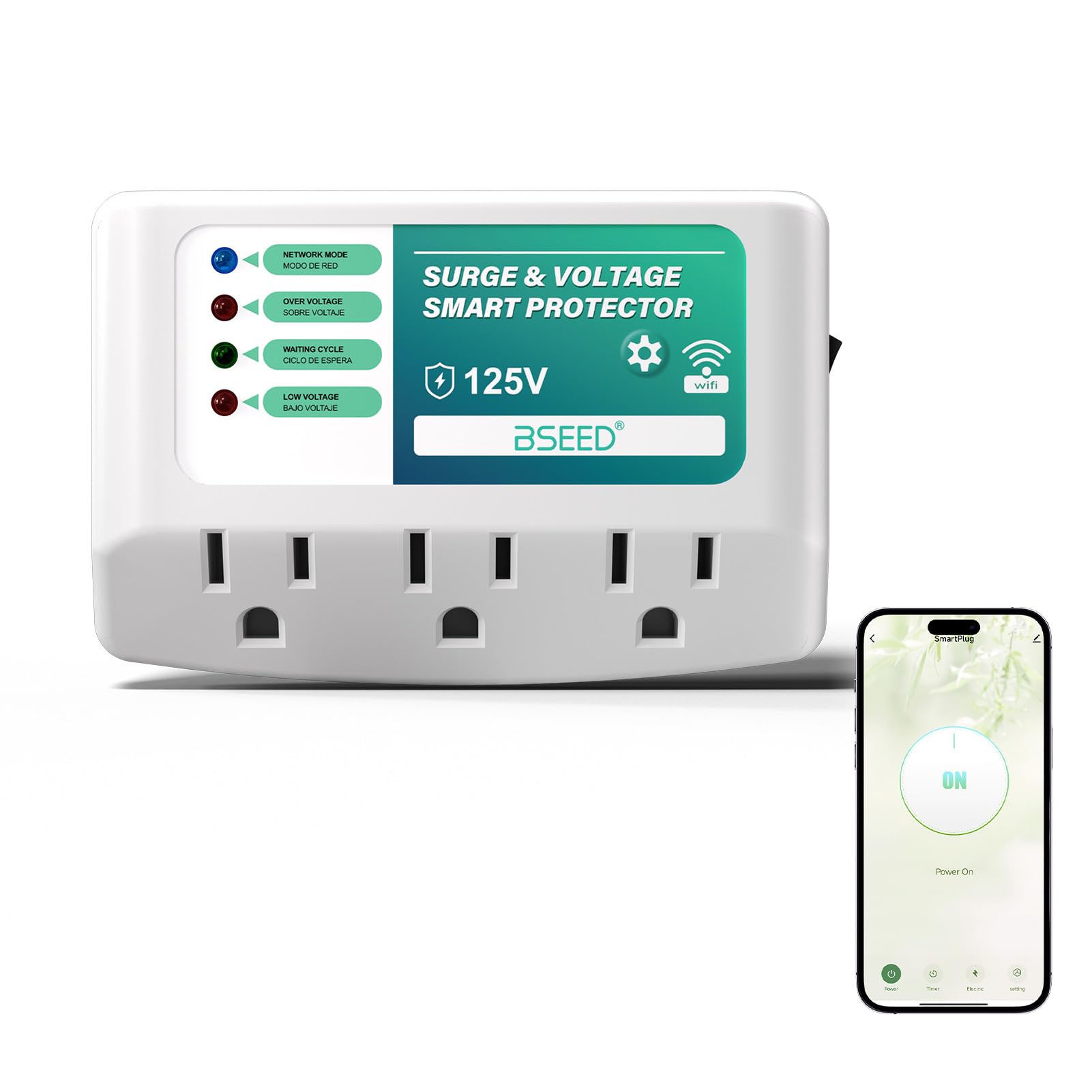 BSEED WiFi Smart Plug 3 Outlet Surge Voltage Protector with Light Indicator APP Control Energy Monitoring Wall Mount