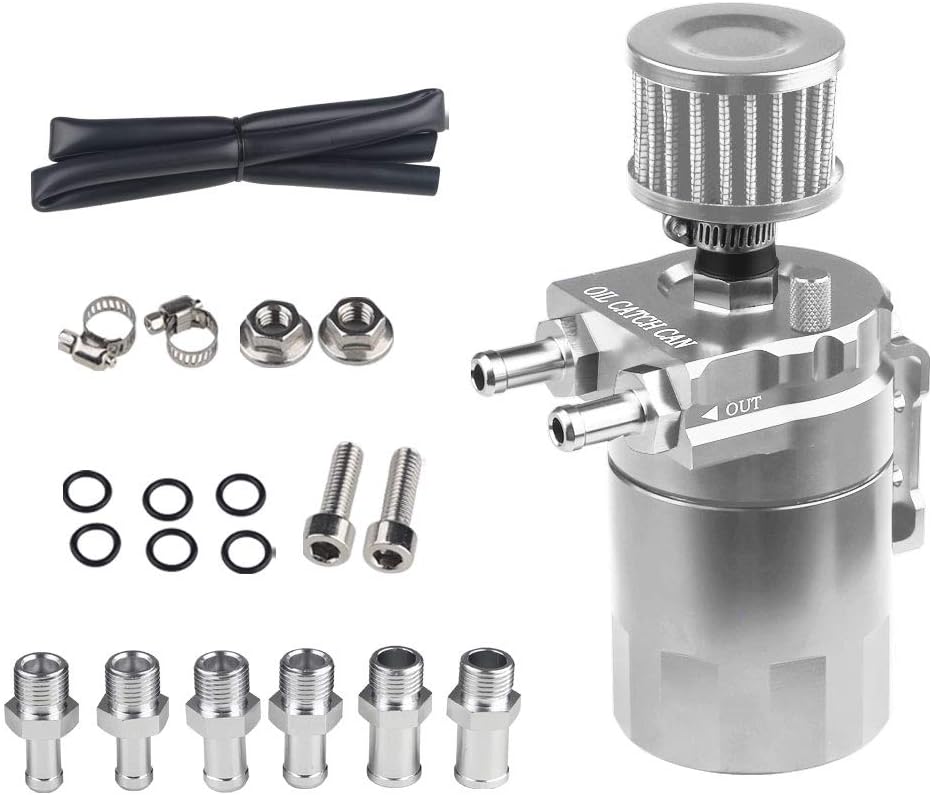 JDMON Oil Catch Can Tank Kit with Breather 300ml Aluminum Polish Engine Air Oil Separator Tank Reservoir Kit Universal (Silver)